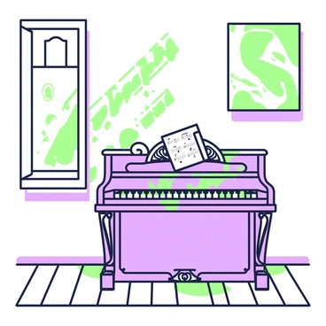 An old piano stands against the wall in a quiet room. The piano is wooden with intricate carvings on the sides. Its keys are slightly yellowed, and a thick layer of dust covers the entire surface, indicating it has not been played in a long time. Sunlight filters through a nearby window, casting soft shadows across the wooden floor. On top of the piano, there are a few scattered sheet music pages, some wrinkled and yellowed with age. The walls are adorned with faded photographs in vintage frames, adding to the nostalgic atmosphere of the room.