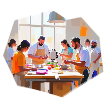 A lively community skills workshop scene featuring a variety of attendees engaged in learning different trades. In one corner, a group of individuals, including both men and women of diverse backgrounds, are gathered around a table where a skilled carpenter demonstrates woodworking techniques with tools and wooden pieces. Nearby, a couple of participants are focused on sewing, with colorful fabrics and sewing machines set up in front of them. Another area shows a small group learning basic culinary skills, with ingredients and cooking utensils laid out on a table, as a chef guides them through the process. Light filters in through large windows, illuminating the energetic atmosphere of collaboration and skill-sharing.