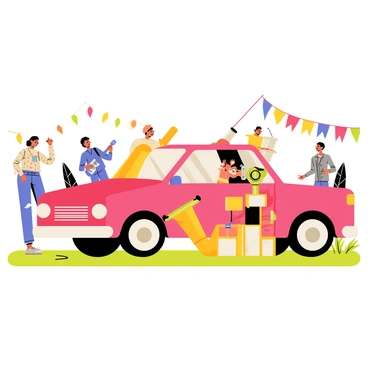 A 3D cartoon car with bright red paint and oversized wheels is parked in the center of a lively outdoor festival. Colorful flags and banners are fluttering in the background. Around the car, there are various musical instruments including a shiny gold saxophone, a blue electric guitar, and a vibrant yellow drum set. People of different styles and outfits are dancing joyfully in the scene, while a few are playing instruments. The ground is decorated with green grass and scattered colorful picnic blankets.