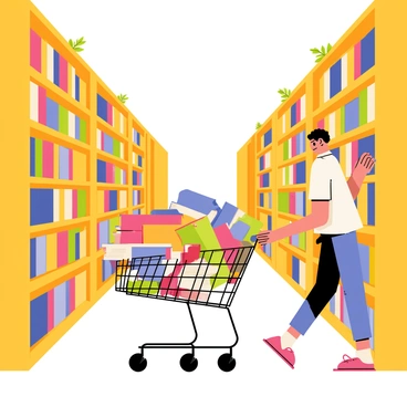 A shopping cart filled with colorful books is being pushed down a long aisle in a library. The cart is overflowing with various sizes and types of books, some with bright covers and others with textured bindings. Tall wooden bookshelves line both sides of the aisle, filled with neatly arranged books and a few decorative plants placed on top. Warm, soft lighting illuminates the space, creating a cozy atmosphere for reading and exploration. A person, casually dressed, is seen pushing the cart while looking at the titles of the books.