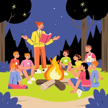 A storyteller with an expressive face and bright clothing is animatedly sharing tales with captivated children gathered around a campfire. The campfire has bright orange and yellow flames flickering, casting a warm glow on the faces of the children. The children, a diverse group of boys and girls, sit on logs and the grass, their eyes wide with wonder. The forest surrounds them, with tall trees silhouetted against a starry night sky. A few playful fireflies are visible in the background, adding to the enchanting atmosphere of the storytelling moment.