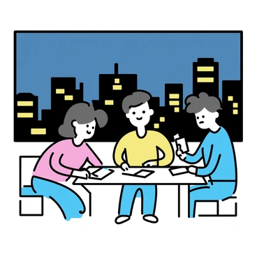 A city skyline at night, featuring tall buildings with illuminated windows. The lights from the buildings are shining brightly against the dark sky. In the foreground, a group of people is gathered around a table with papers and devices, engaged in planning for the next day. They are dressed in casual attire, focused on their discussion, with a sense of purpose in their expressions.