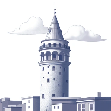 The Galata Tower stands tall against the horizon, showcasing its cylindrical stone structure with a conical roof. The tower features large, arched windows and a narrow balcony encircling the top. Soft clouds drift lazily in the sky above, framing the scene with a gentle, airy quality. The light from the sunrise casts subtle shadows and highlights across the tower's surface, enhancing the texture of the stone. The surrounding buildings are visible in the foreground, creating an urban backdrop that complements the iconic landmark.