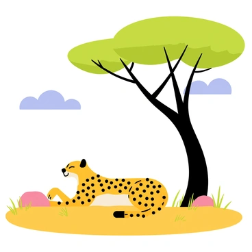 A cheetah with a sleek body and distinct black spots is resting peacefully under a broad acacia tree. The acacia tree has a wide, flat-topped canopy casting dappled shadows on the grass below. The savannah is dotted with patches of golden grass and a few scattered rocks. In the background, a clear blue sky stretches overhead with a few fluffy white clouds. The scene captures the serene presence of the cheetah, its eyes closed in relaxation.