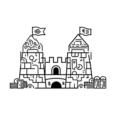A large fortress constructed from bricks that resemble various forms of currency, symbolizing strong financial protection. The fortress features tall, sturdy walls with intricate patterns mimicking banknotes and coins, showcasing different currency symbols. A drawbridge made of large, overlapping coins extends over a moat filled with smaller denominations. The entrance is grand, flanked by two towers, each topped with a flag displaying a currency emblem. Surrounding the fortress, there are piles of coins and stacks of banknotes, reinforcing the theme of wealth and security.