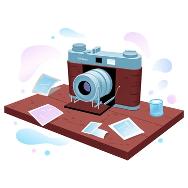 An antique camera with a bellows design is positioned elegantly on a polished wooden table. The camera features intricate brass fittings and a vintage leather covering, showcasing its craftsmanship. Surrounding the camera are scattered old photographs and a roll of film, adding to the nostalgic atmosphere. The wooden table has a rich grain texture that enhances the overall composition. Soft, diffused lighting casts gentle shadows, emphasizing the details of the camera and the textures of the table.