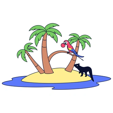 An isolated island with sandy shores surrounded by clear blue water. In the background, several tall palm trees with green fronds sway gently in the breeze. A colorful parrot is perched on a branch, pecking at a bright red fruit. The parrot's vibrant feathers contrast with the lush green leaves. Beneath the canopy, a shadowy figure of a predator is lurking, moving silently through the underbrush, its eyes focused on the parrot. The scene captures the tension of nature, showcasing wildlife interactions.