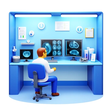 A radiologist sitting at a sleek, modern workstation in a high-tech radiology department. The radiologist, wearing a white lab coat and focused glasses, is analyzing detailed medical scans displayed on multiple high-resolution monitors. The room is equipped with advanced imaging technology, including a digital image viewer and a 3D imaging device. Bright overhead lights illuminate the space, and there are various medical charts and equipment scattered around, emphasizing the clinical environment. The radiologist's expression is attentive as they interact with the scans.
