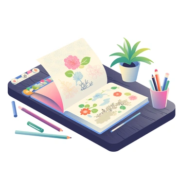 A beautifully designed notebook with a textured, floral cover is open on an artist's table. The pages of the notebook display intricate sketches of various subjects, including flowers and birds. Surrounding the notebook are colored pencils arranged neatly and a few ink pens scattered around. The table is made of dark wood, showing a rich grain pattern. In the background, there is a small potted plant with green leaves, adding a touch of nature to the scene. A soft light illuminates the table, creating gentle shadows from the objects present.