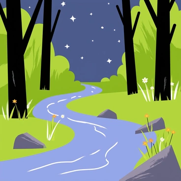 A small brook winding through a dense green forest. The water of the brook glimmers as it reflects the soft glow of starlight above. Tall trees frame the scene, their leaves shimmering in the gentle night breeze. Small rocks line the edges of the brook, and patches of grass grow along the water's bank. A few delicate wildflowers peek out from the foliage, adding splashes of color to the scene. The night sky is filled with twinkling stars, creating a serene ambiance.