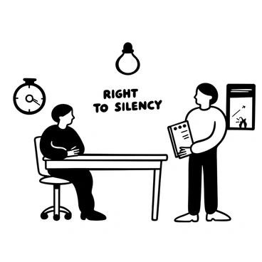An interrogation room featuring a table at the center. A suspect is seated on one side of the table, with a look of contemplation, while a police officer stands on the opposite side, holding a notepad and pen. Above the table, the words "Right to Silence" are prominently displayed in bold letters. A single light bulb hangs from the ceiling, casting shadows around the room. On the walls, there are simple details like a clock and a window with blinds that are slightly open.