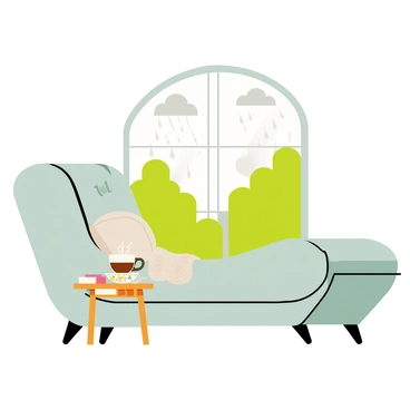 A plush chaise lounge in a soft shade of teal is positioned near a large window. The chaise lounge features elegant curves and a tufted backrest. Outside the window, raindrops cascade down the glass, creating a blurred view of green trees and grey clouds. A cozy knitted blanket, in a warm beige color, is draped over one side of the chaise lounge. A small wooden side table next to the chaise holds a steaming cup of tea, with a delicate floral-patterned saucer underneath. A few scattered books are placed on the table, inviting relaxation and comfort.