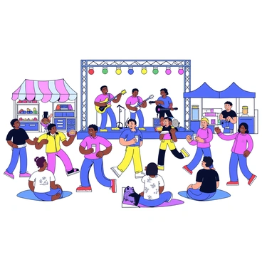 A lively music festival set in an open area with a diverse crowd of people dancing joyfully. The stage is prominent, showcasing a vibrant band with four musicians playing various instruments. Colorful lights illuminate the stage, creating a lively atmosphere. Spectators are wearing casual, colorful clothing and some are holding drinks. There are food stalls in the background offering various snacks, and a few people are sitting on picnic blankets enjoying the music.