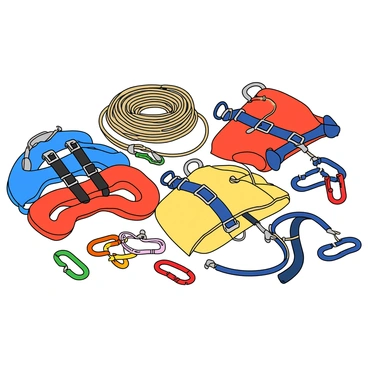 A collection of climbing gear arranged on a flat surface. There are several colorful harnesses in shades of blue, red, and yellow, each with distinct straps and buckles. A set of coiled ropes in varying lengths and thicknesses lies nearby, with their ends neatly tied. Brightly colored carabiners in a mix of shapes and sizes are scattered around, showcasing their metallic shine. The background is a light color to enhance the visibility of the equipment. Each item is clearly defined and detailed, highlighting the textures and materials used in climbing gear.
