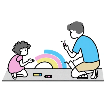 A father, wearing a blue t-shirt and beige shorts, is kneeling on the sidewalk, using a piece of chalk to draw a large rainbow. Next to him, a young child with curly hair, dressed in a red dress and white sneakers, is sitting on the ground, excitedly coloring in the clouds at either end of the rainbow. The sidewalk is gray and textured, with colorful chalk drawings spread around them. A few pieces of chalk in various colors are scattered nearby. The scene captures their focused expressions as they create the rainbow together.