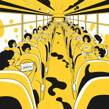 A bus filled with numerous concert-goers, each wearing various yellow band t-shirts featuring different band logos. The passengers are excitedly holding tickets in their hands, some are chatting and laughing. The bus interior shows rows of seats with a few people standing in the aisle, all expressing anticipation for the concert. The windows display reflections of the surroundings, adding to the lively atmosphere inside the bus.