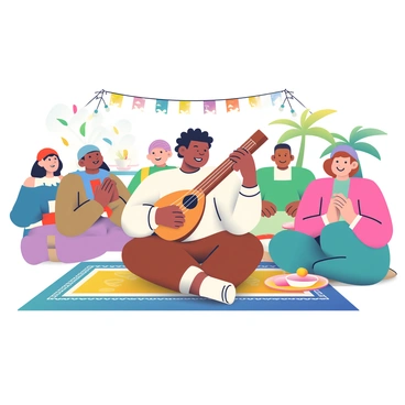 A musician with olive skin and dark curly hair is playing the "oud," a traditional Lebanese string instrument. He is sitting cross-legged on a colorful woven rug. The musician is wearing a loose white shirt with rolled-up sleeves and brown trousers. Surrounding him are diverse group of people, enjoying the music, some are clapping their hands in rhythm, while others are smiling and swaying. In the background, there are festive decorations with strings of lights and vibrant banners. A small table nearby is filled with traditional Lebanese dishes, and there are palm trees gently swaying in the scene.