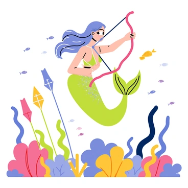 A mermaid cupid under the sea with a coral bow and fish-shaped arrows