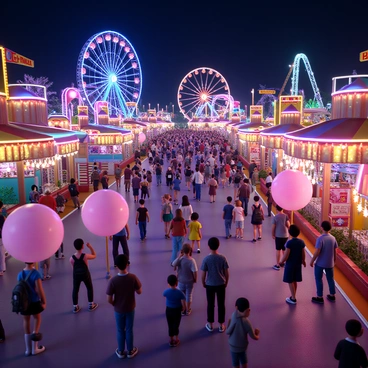 A vibrant carnival night set with bright lights, rides, and people enjoying cotton candy