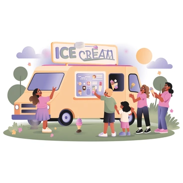 A cheerful ice cream truck is parked in a vibrant park. The truck has bright colors, with a large "Ice Cream" sign on the side and various pictures of ice cream cones and popsicles. There are several kids gathered around the truck, all excitedly looking at the menu. One child, a girl with curly brown hair, is pointing at a rainbow-colored ice cream cone. Another child, a boy with short black hair, is holding a chocolate ice cream bar. A third child, a girl with long blonde hair, is clapping her hands with joy. The park is filled with green grass, colorful flowers, and a few trees in the background, creating a lively atmosphere. The sun is shining brightly in the clear blue sky.