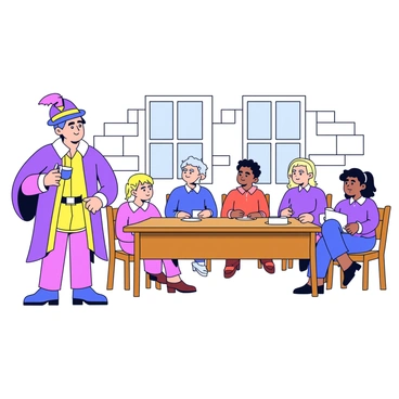The Pied Piper stands confidently in front of a large wooden table, addressing the town council. He wears a brightly colored outfit with a feathered hat and holds a pipe in his hand. The council members, seated in simple wooden chairs, look on attentively. The room has stone walls, and a large window lets in natural light, illuminating the scene. The Piper's expression is determined, while the council members appear contemplative and concerned.