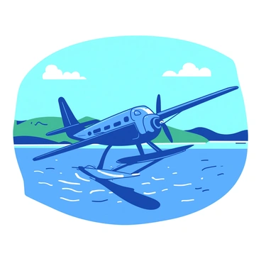 A blue seaplane descends towards the surface of the water, preparing for a smooth landing. The plane's pontoons are just above the water, creating small ripples as the aircraft approaches. The sky above is clear, allowing the sunlight to reflect off the water's surface, creating a shimmering effect. A few fluffy white clouds are scattered in the blue sky, and in the distance, the outline of green hills can be seen along the shoreline.