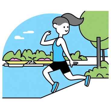 A jogger, wearing a blue tank top and black running shorts, is performing a calf stretch on the edge of a scenic waterfront path. The jogger's right foot is planted on the ground while the left leg extends back, heel down. Surrounding the path, there are lush green trees and a clear blue sky overhead. The water glistens under the sunlight, reflecting the vibrant colors of nature. In the distance, a row of colorful boats is docked along the shore.