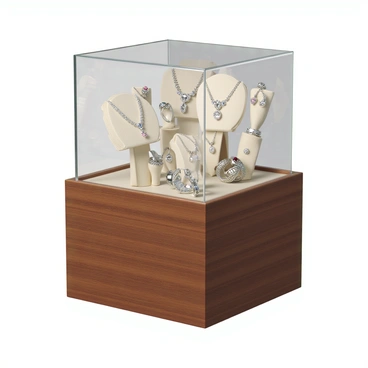 A jeweler's display case made of glass and polished wood. Inside the case, there are several sparkling rings with various designs, including some adorned with colorful gemstones and diamonds. There are also elegant necklaces featuring intricate pendants and chains, some with delicate details and shimmering stones. Additionally, the case contains a selection of earrings, showcasing different styles such as studs, hoops, and dangling pieces, all reflecting light and creating a dazzling effect. The lighting inside the case highlights the brilliance and craftsmanship of each piece.