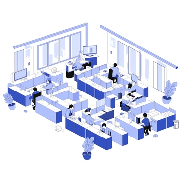 A large office space is filled with uniform cubicles arranged in neat rows. Each cubicle is equipped with a desk, a computer monitor, and office supplies. Busy workers are seated at their desks, some typing on keyboards, others engaged in conversations or on phone calls. The workers are focused on their tasks, while a few are standing and discussing in small groups. Fluorescent lights overhead illuminate the entire area, and there are potted plants placed strategically throughout the office. In the background, large windows allow natural light to filter in, creating a dynamic environment.