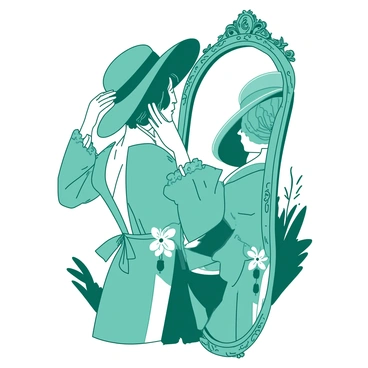 A teal Gibson girl with an elegant hairstyle is standing in front of a vintage mirror. She is wearing a stylish outfit adorned with lace and ruffles. The girl is gently adjusting her wide-brimmed hat, ensuring it sits perfectly on her head. The vintage mirror has an ornate frame, reflecting both her figure and the delicate details of her attire. The background features soft, muted elements that complement the scene, enhancing the focus on the girl and her reflection.