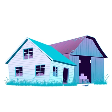 An old farmhouse with peeling white paint and weathered wooden siding stands prominently in the foreground. Its windows are boarded up with rotting timber, giving it a sense of abandonment. The roof is sagging, with missing shingles that expose the underlying wooden beams. Beside the farmhouse, a dilapidated barn with a rusty metal roof leans slightly to one side. Its large double doors are ajar, revealing scattered hay bales inside. Weeds and tall grass grow wildly around the structures, and a few broken farm tools lie scattered on the ground. The sky is overcast, adding a muted tone to the scene.