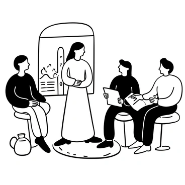 A woman with long hair standing confidently, dressed in a flowing gown, engaged in a discussion with two men wearing simple garments. The setting is a modest room with a window showing the silhouette of a cityscape in the background. The men are listening attentively, holding maps in their hands. Lines of tension and determination can be seen in their postures. The room is adorned with a few pieces of pottery and a woven rug on the floor.