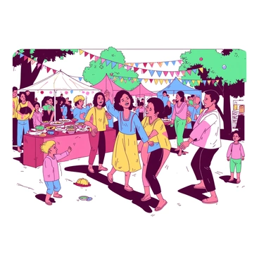 A vibrant community festival is taking place, filled with people of various ethnicities celebrating together. In the foreground, a group of individuals are joyfully dancing, wearing traditional outfits that showcase their cultural heritage. Brightly colored decorations such as banners, balloons, and streamers in multiple shades are hanging from trees and tents, enhancing the festive atmosphere. Tables laden with an array of foods from different cultures are set up around the area, while children are playing games nearby. The scene is lively, with smiles and laughter permeating the air.
