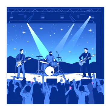 A rock band consisting of four members is performing on a large outdoor stage under a deep blue night sky filled with countless stars. Bright white spotlights illuminate the band as they play their instruments energetically. The lead singer, wearing a leather jacket, is holding a microphone with passion. The guitarist, positioned to the left, strums his electric guitar, while the drummer is visible at the back, focusing intently on his drums. To the right, a bassist stands with a confident pose. In the foreground, a crowd of excited fans, some holding colorful light sticks, is cheering and dancing along. Several shooting stars are streaking across the sky, adding to the magical atmosphere of the concert.