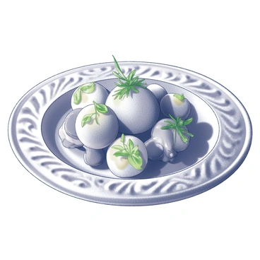 A plate of food featuring a rich, detailed presentation. The dish is artfully arranged, showcasing various ingredients, and is topped with finely chopped "green herbs" that add texture and visual interest. The plate has an intricate design, enhancing the overall composition of the meal. The arrangement highlights the colors and shapes of the food, creating a visually appealing culinary display.