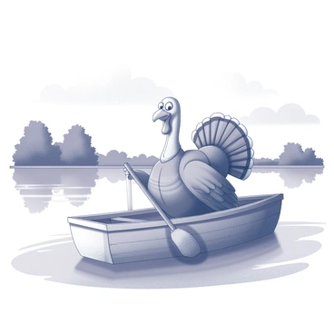 A cheerful turkey with feathers puffed out is sitting in a small wooden boat. The turkey is holding onto the oars with its wings as it rows on a calm lake surface. The water is smooth and undisturbed, reflecting the surrounding landscape. Gentle ripples are created by the movement of the oars. In the background, there are leafy trees lining the shore, and a few clouds in the sky above. The turkey's expression is joyful, and it seems to be enjoying its time on the water.
