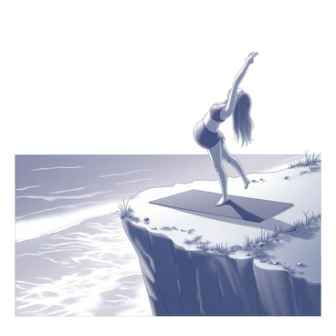 A girl with long, flowing hair is positioned on a yoga mat that is spread out on the edge of a cliff. She is wearing a swimsuit and is in a yoga pose, demonstrating a balance of strength and flexibility. The ocean stretches out below the cliff, with waves crashing against the rocks. The sky above is clear, and the sun is shining brightly, casting shadows on the girl and the surrounding area. The cliff is rugged and textured, with patches of grass and small plants clinging to the edges.