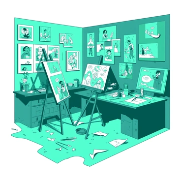 A teal artist's studio is filled with various AI gadgets scattered across the workspace. There is a large easel in the center, supporting a half-finished painting. The walls are covered with numerous comic sketches, each showcasing colorful characters in dynamic poses. On one of the walls, a bright screen displays animated illustrations. A table is cluttered with art supplies, including brushes, paint tubes, and sketchbooks. The floor is scattered with crumpled papers and tools, creating a lively, creative atmosphere.