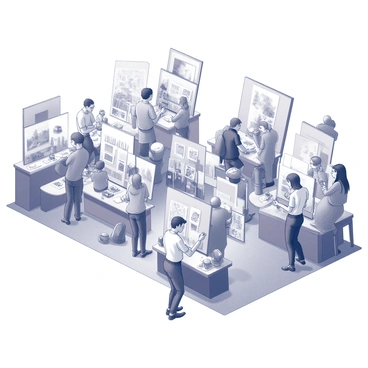 A vibrant outdoor art fair filled with various booths and stands. Each booth displays an array of commercial illustrations, with artists actively engaging with passersby. Some artists are demonstrating their techniques, while others are discussing their works with interested visitors. The crowd consists of diverse individuals, some taking photographs, while others are examining the illustrations closely. There are also display easels presenting larger pieces of artwork in the background. The atmosphere is lively, with a variety of people interacting around the booths.