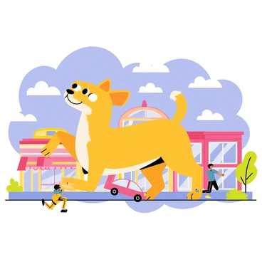 A giant cartoon chihuahua with a goofy expression playfully stomping through a miniature city. The chihuahua has large, exaggerated features, with floppy ears and a wagging tail. The buildings in the city are small and colorful, with vibrant storefronts and tiny windows. Some miniature cars are overturned, and tiny people are running away in exaggerated poses, adding a sense of action to the scene. The sky is bright blue with fluffy white clouds, enhancing the playful atmosphere.