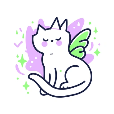 A tattoo design featuring a cat with delicate fairy wings. The cat is perched gracefully, with its fur detailed and accentuated by the wings that are ethereal and intricate. Surrounding the cat are small magical sparkles that add an enchanting atmosphere to the composition. The sparkles vary in size and are scattered around the cat, enhancing the whimsical theme of the tattoo. The overall design is compact and harmonious, capturing the essence of fantasy and charm.