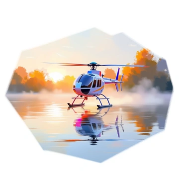 An RC helicopter hovering above a calm lake, its rotors gently spinning. The helicopter is positioned in the center of the image, with a sleek design and vibrant colors. The surface of the lake mirrors the helicopter perfectly, showing the intricate details and vibrant hues. Soft morning light filters through the scene, casting a warm glow on the water. Light fog rises from the lake's surface, creating an ethereal atmosphere. Surrounding the lake, there are distant trees along the shoreline, their silhouettes faintly visible in the early dawn light.