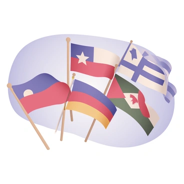 A digital flat illustration showcasing a collection of various U.S. state flags. The flags are displayed prominently, each design distinct and vibrant, with colors representing the individual states. They are waving gracefully in the wind, creating a sense of movement. The background features a clear blue sky, providing a bright and unobtrusive setting for the flags. The scene captures the flags at different heights and angles, enhancing the dynamic feel of the illustration.