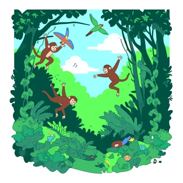 A vibrant green tropical rainforest filled with various layers of thick foliage and bright plants. In the canopy, a group of playful monkeys swings from branch to branch, their fur a rich shade of brown. Colorful birds fly between the trees, showcasing feathers in a mix of blues and yellows. The forest floor is covered with ferns and small flowering plants, while vines drape down from the higher branches. Sunlight filters through the leaves, casting dappled shadows on the ground. The scene captures the intricate relationships of the food web, with insects buzzing around and small animals scurrying among the underbrush.