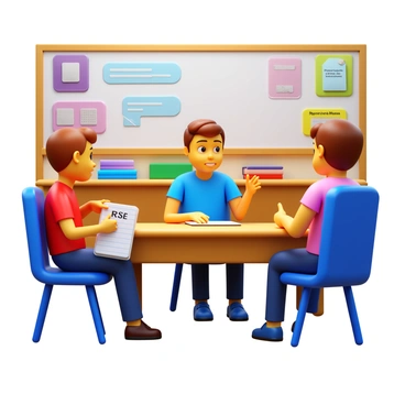 A small group of three teens sitting in a discussion circle in a classroom. Each teen has a thoughtful expression as they engage in conversation. One teen is holding a notebook with notes on "RSE topics" written on it, while another is gesturing with their hands to emphasize a point. The third teen is listening attentively. The classroom has colorful posters on the walls related to school subjects, and a whiteboard can be seen in the background with some educational content written on it.