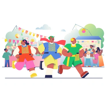 A group of runners wearing traditional attire is participating in a vibrant relay race during a colorful festival. Each runner is dressed in distinctive cultural garments, showcasing a variety of patterns and colors. The first runner has a red and gold outfit, with intricate embroidery and a floral headpiece. The second runner is wearing a blue garment with geometric designs, and a matching scarf flows behind them. The third runner has a green tunic with yellow accents and a traditional belt. 

The background is filled with festival decorations, including banners of various colors and decorative lanterns hanging from nearby trees. A cheering crowd is visible, with people of all ages waving flags and holding colorful balloons. In the distance, festive stalls are set up, displaying traditional foods and crafts. The atmosphere is lively and energetic, capturing the spirit of the cultural celebration.