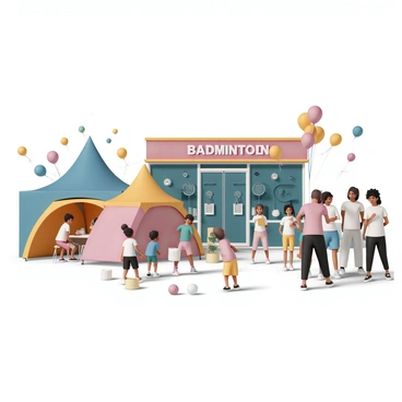 A vibrant community event is taking place outside a badminton store. The scene features several colorful tents set up, with people gathered around various tables. Children are playing games such as ring toss and sack races in a designated area, laughing and cheering as they compete. Nearby, adults are engaged in friendly conversations while enjoying light refreshments from a food stand. The exterior of the badminton store is visible in the background, with a bright sign displaying "Badminton" and various racquets and gear displayed in the windows. Balloons and streamers add a festive touch to the atmosphere, creating a lively and inviting environment for all attendees.