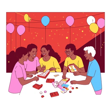 A bright red background filled with colorful balloons in various sizes and shapes is creating a festive atmosphere. There are orange streamers hanging from the ceiling, adding to the celebratory mood. In the center, a group of people, diverse in age and ethnicity, are gathered around a table, focused and excited as they play loto. Each person has a colorful loto card in hand, and they are eagerly checking numbers while some are laughing joyfully. Small prizes are scattered on the table, hinting at the fun competition among them.
