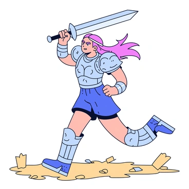 A tall warrior with a muscular build is charging into battle. He has long, flowing hair that moves with the wind, and his fierce expression reflects determination. He is wearing shining armor that glistens in the light, with intricate patterns etched into the metal. In one hand, he wields a large sword raised high above his head, while his other arm is bent, ready for combat. The ground beneath him is uneven and dusty, with debris scattered around. A sense of urgency and movement surrounds him as he rushes forward.