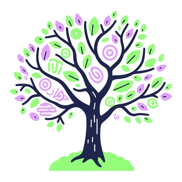 A tree with a strong trunk is standing in a field. Its branches extend outwards, each adorned with a variety of leaves that are intricately designed. The leaves display symbols from various cultures, such as spirals, geometric shapes, and lines. Some branches are thick, while others are slender, creating a diverse canopy. The tree's roots are partially visible above the ground, showcasing the textures of the bark. In the background, the sky is clear, providing a bright contrast to the richly detailed symbols on the leaves.